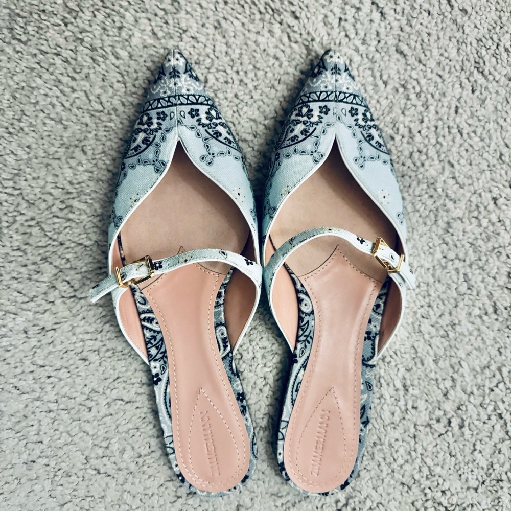 NEW $875 Zimmerman Aura Linen Leather Blue Paisley-Print Pointed Toe Mules 8.5 - Picture 2 of 16
